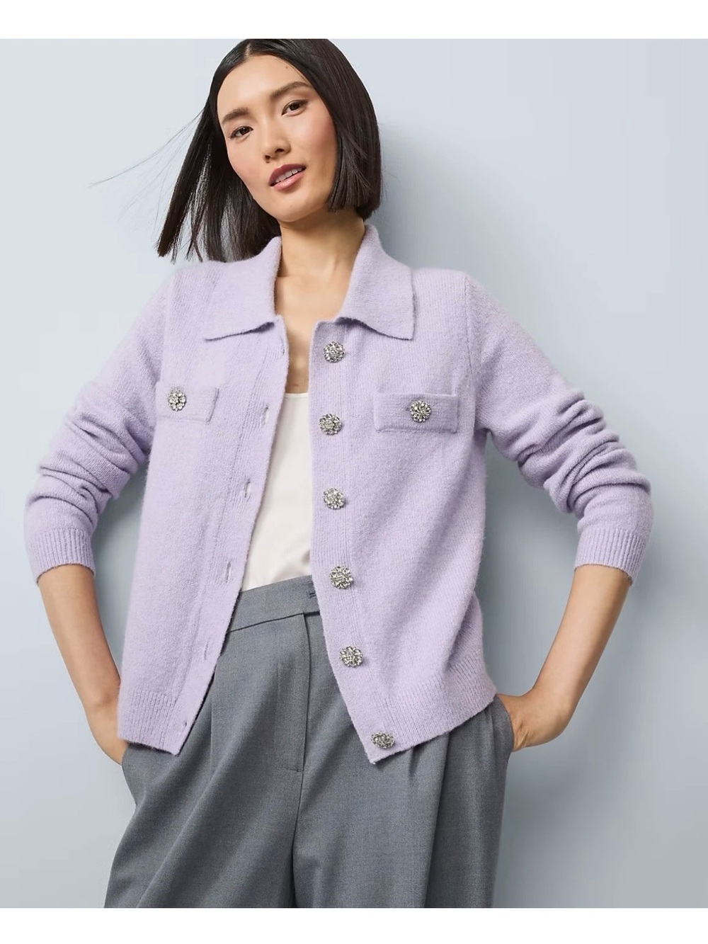 Nwt $139 Ann Taylor Women's embellished collared Cardigan Sweater lavender sz S